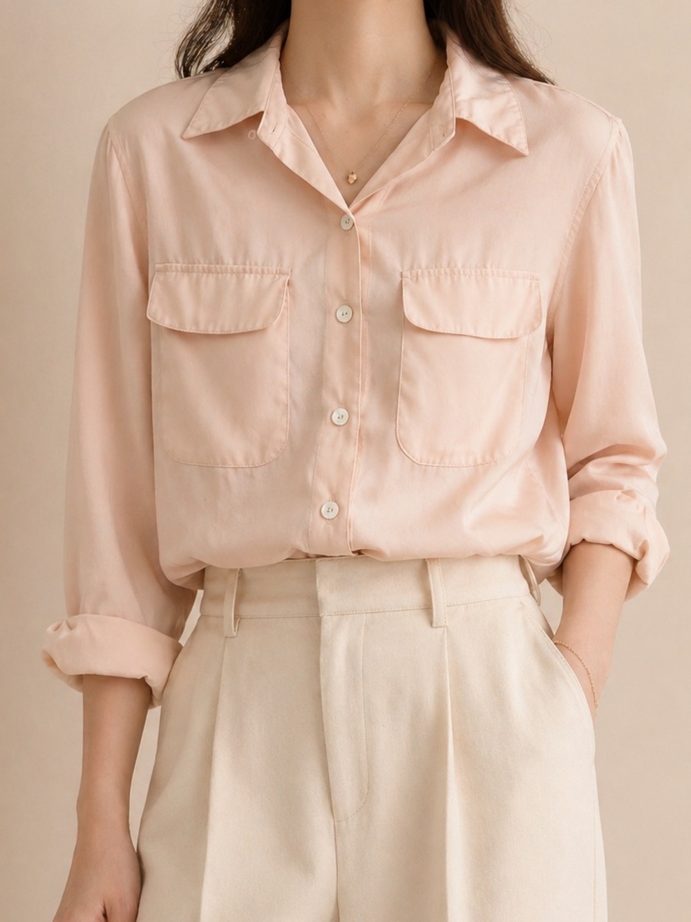 Silk House 100% Silk Light Pink Blouse Petite P Mother of Pearl Buttons Classic